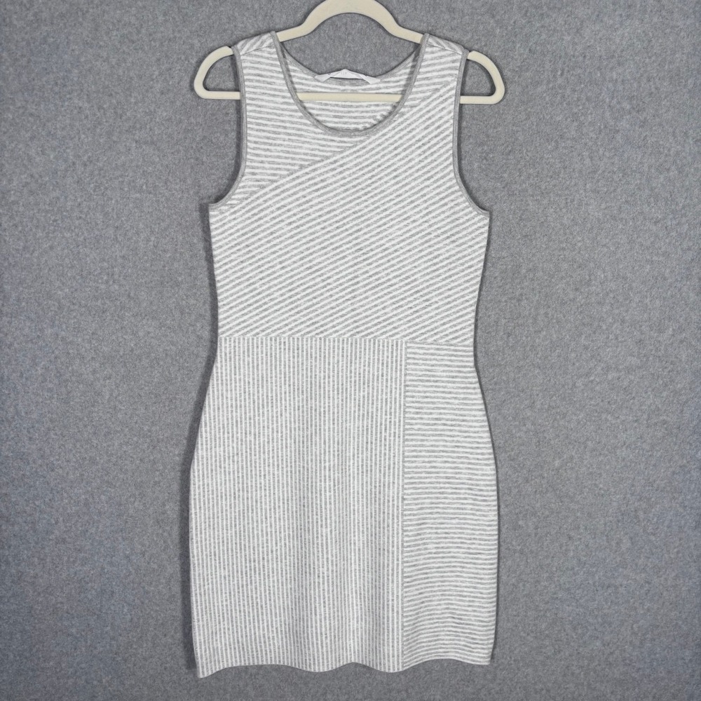 Athleta Chills Valleys Tank Sweater Dress Medium Gray White Striped Knit Bodycon